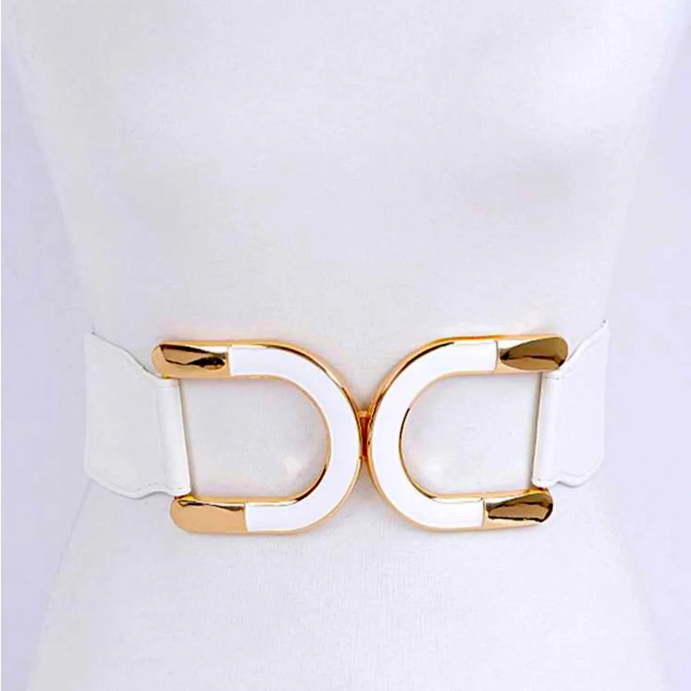 White & Gold Enamel Buckle Waist Statement Belt